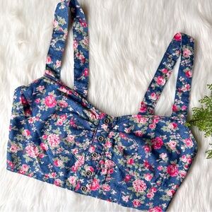 Kirra Crop Top Blue & Pink Floral Jean Bralette M